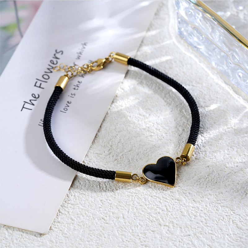 Red and Black Enamel Stainless Steel Heart Charm Bracelet
