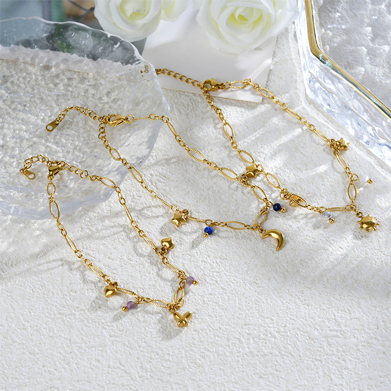 18K Gold Plated Stainless Steel Charm Bracelet with Stone Beads