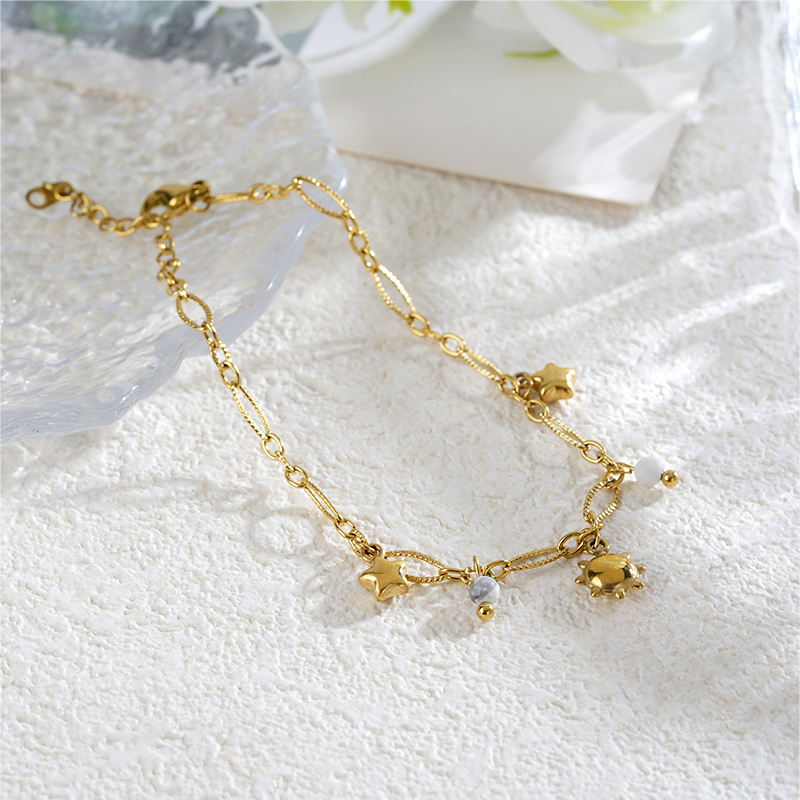 18K Gold Plated Stainless Steel Charm Bracelet with Stone Beads