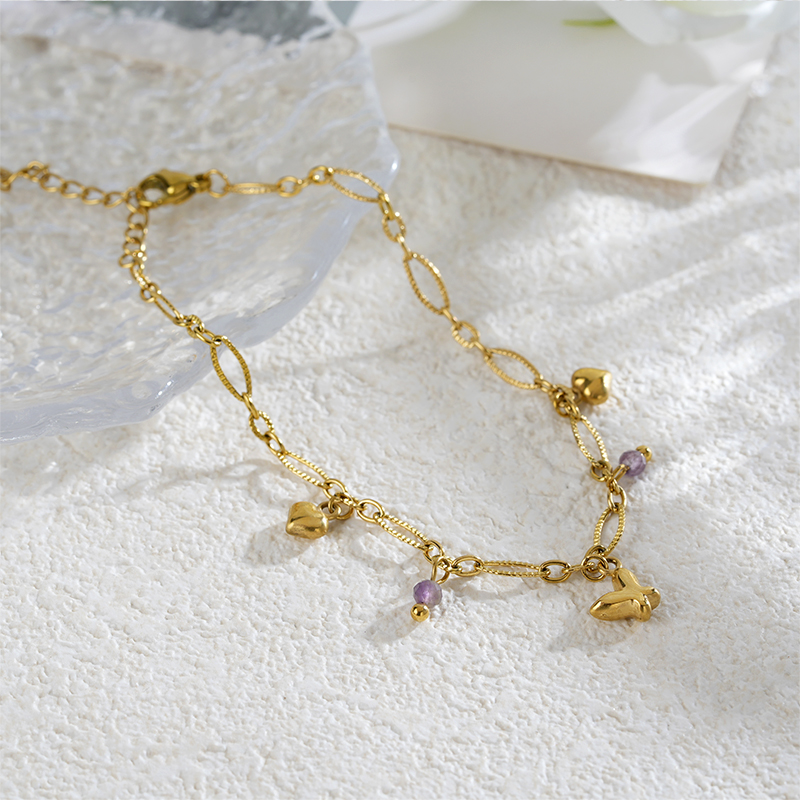 18K Gold Plated Stainless Steel Charm Bracelet with Stone Beads