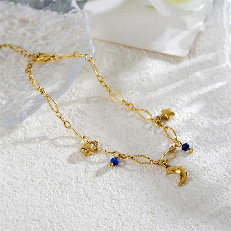 18K Gold Plated Stainless Steel Charm Bracelet with Stone Beads