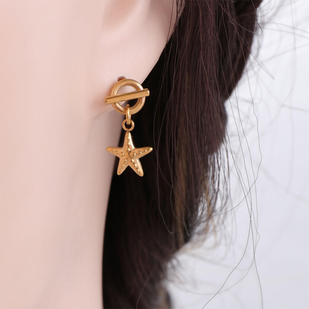 Summer Beach 18K Gold Plated Stainless Steel Starfish Dangle Earrings