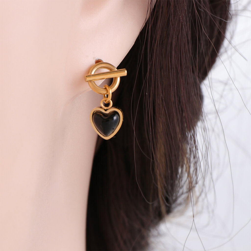 18K Gold Plated Stainless Steel Black Onyx Heart Earrings Drop Design