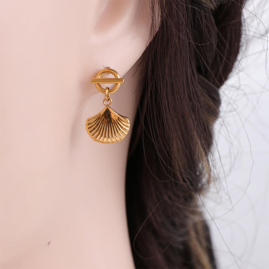 Summer Beach 18K Gold Plated Stainless Steel Seashell Dangle Earrings
