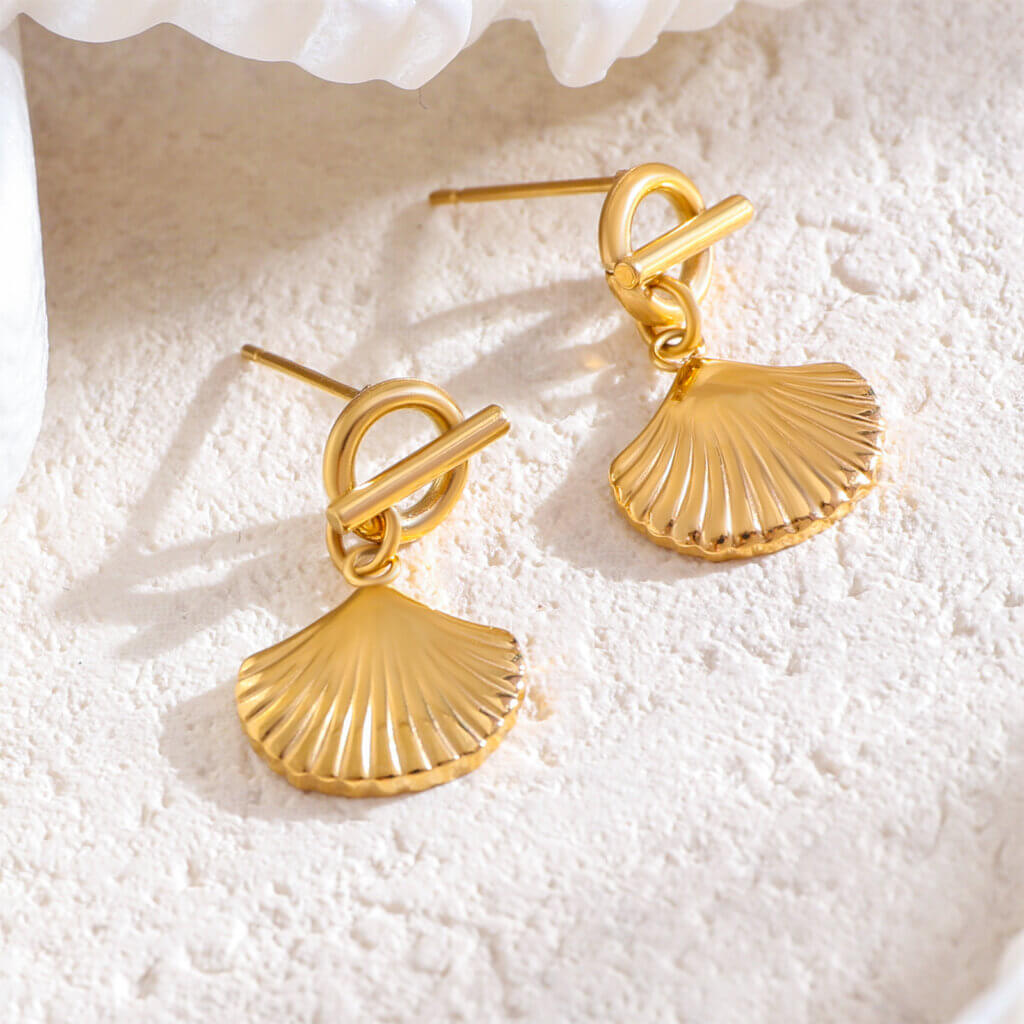 Summer Beach 18K Gold Plated Stainless Steel Seashell Dangle Earrings
