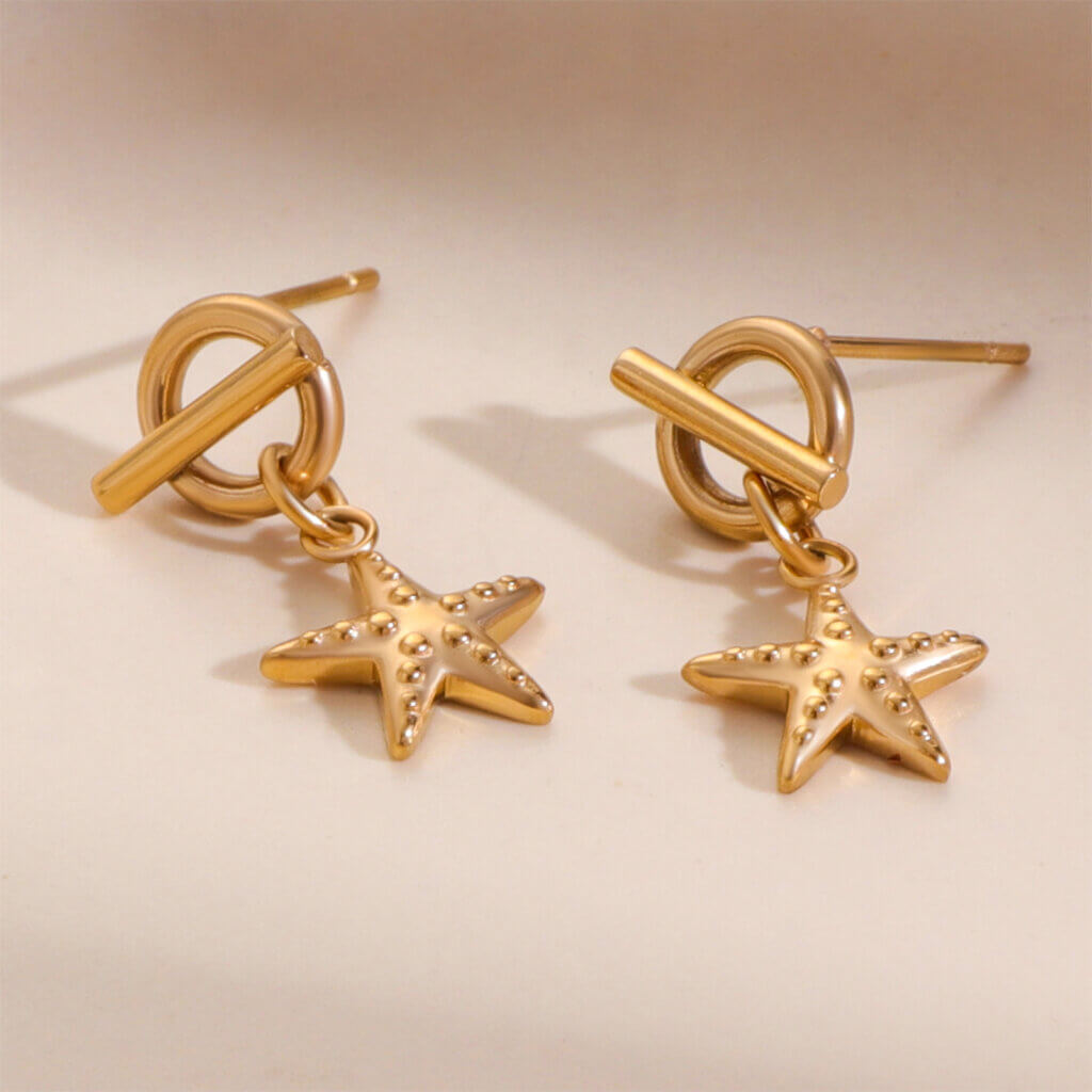 Summer Beach 18K Gold Plated Stainless Steel Starfish Dangle Earrings
