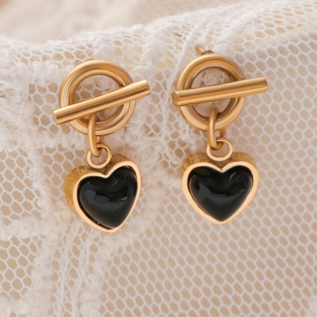 18K Gold Plated Stainless Steel Black Onyx Heart Earrings Drop Design