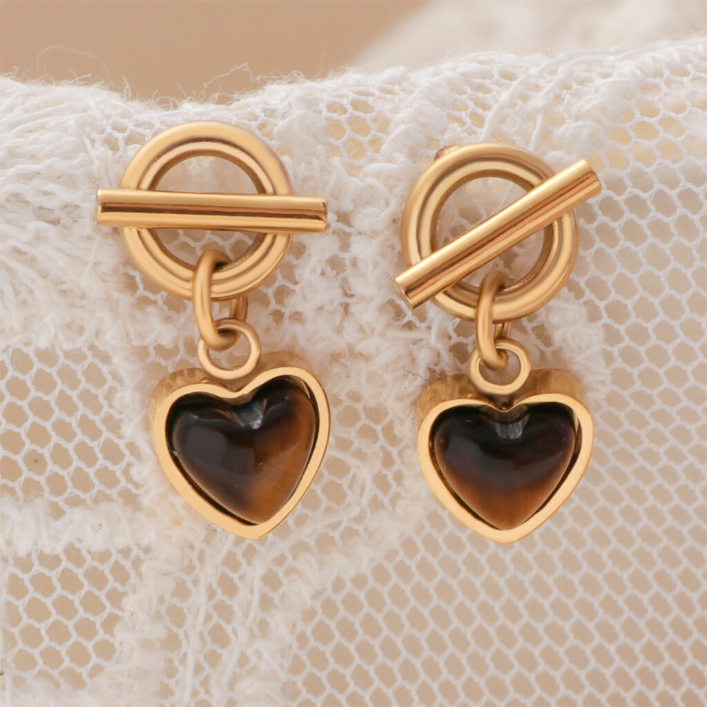 Boho Gold Plated Stainless Steel Tiger Eye Statement Heart Earrings