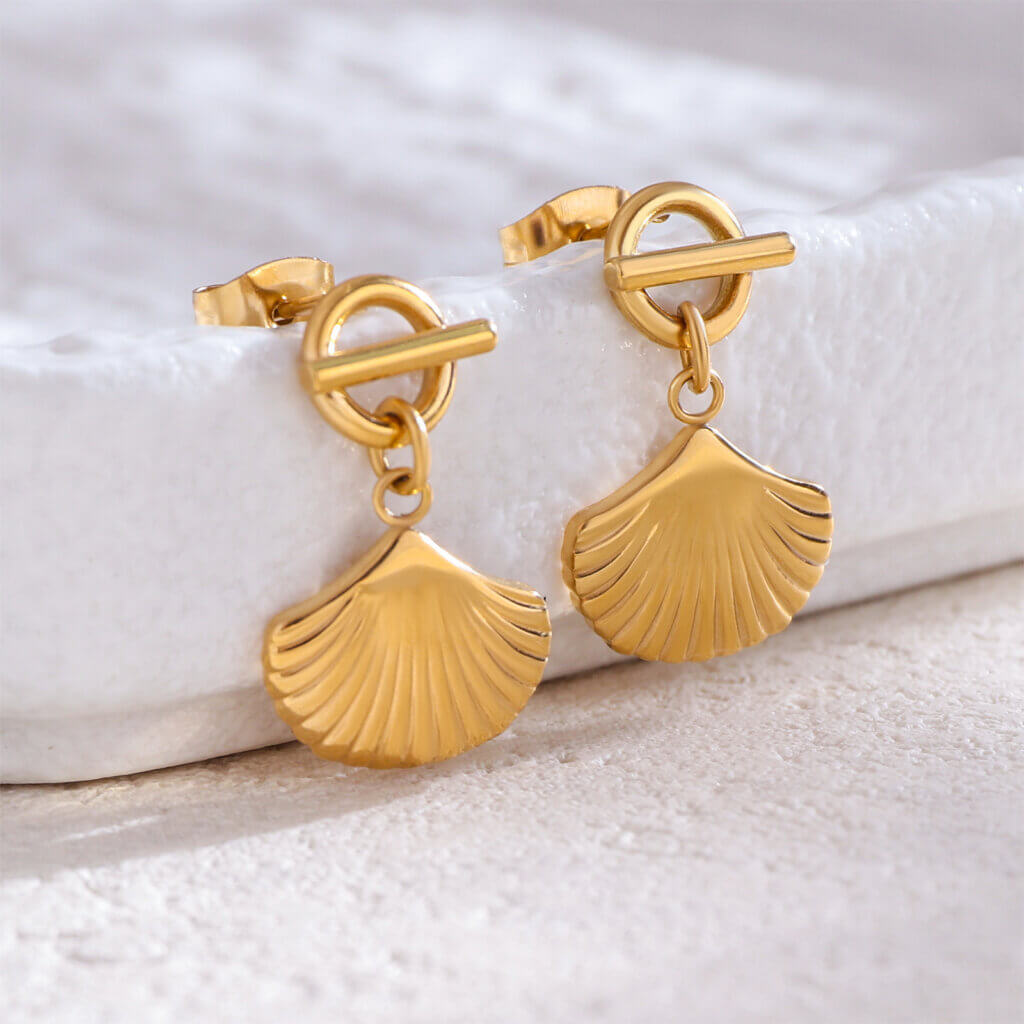 Summer Beach 18K Gold Plated Stainless Steel Seashell Dangle Earrings