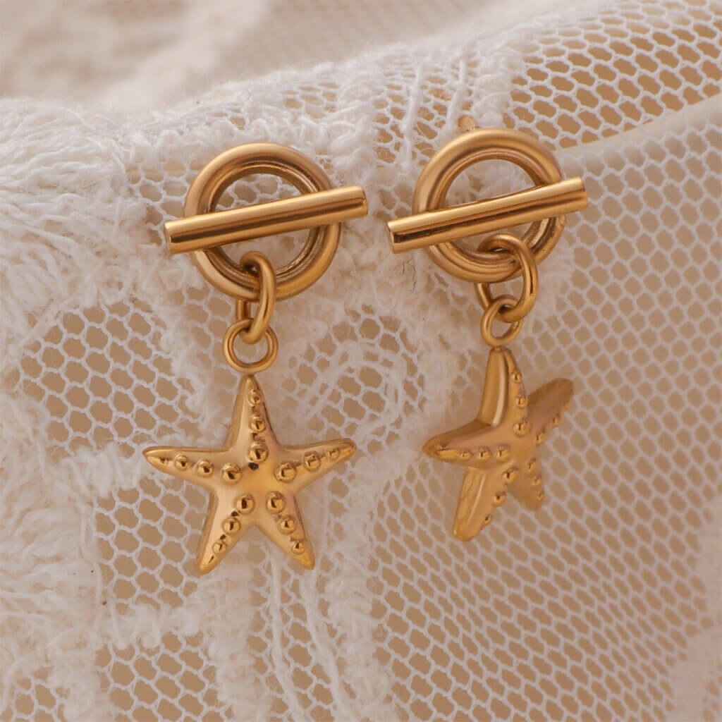 Summer Beach 18K Gold Plated Stainless Steel Starfish Dangle Earrings