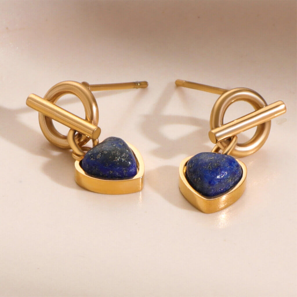 18K Gold Plated Stainless Steel Lapis Lazuli Heart Drop Earrings