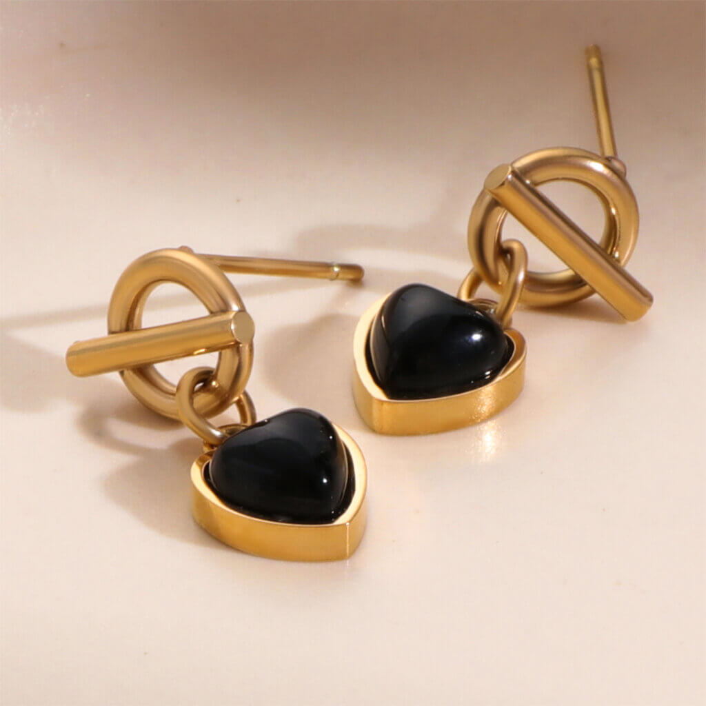 18K Gold Plated Stainless Steel Black Onyx Heart Earrings Drop Design
