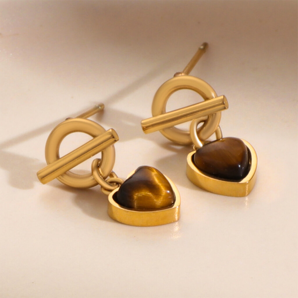 Boho Gold Plated Stainless Steel Tiger Eye Statement Heart Earrings