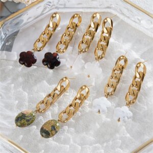 Natural Stone Dangle Earrings with Gold plated Stainless Steel Chains