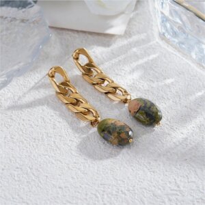 Natural Stone Dangle Earrings with Gold plated Stainless Steel Chains