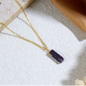 Natural Stone Bar Pendant Necklace in 18K Gold Plated Stainless Steel