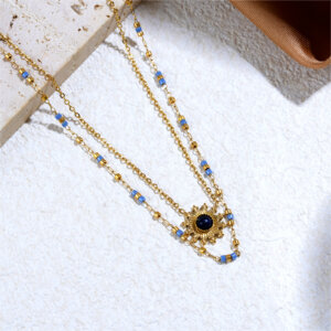 Colorful Layered Necklace with Sun Pendant and Miyuki Beads