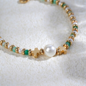 Elegant Imitation Gold Bracelet with Pearls & Natural Stones