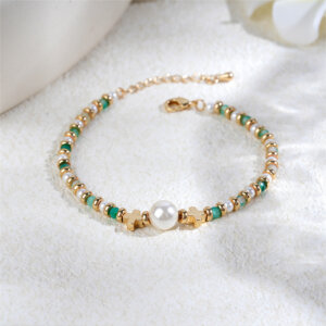 Elegant Imitation Gold Bracelet with Pearls & Natural Stones