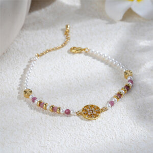 Elegant 18K Gold Plated Bracelet with Natural Stone and Zircon Charm