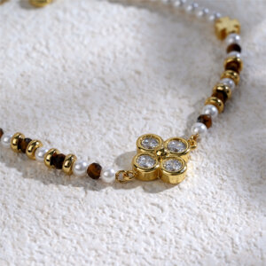 Cubic Zirconia Four Leaf Clover Bracelet with Natural Stone