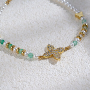 Luxury 18K Gold Plated Copper Bracelet with Natural Stones & Pearls