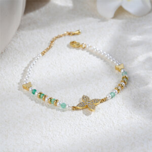 Luxury 18K Gold Plated Copper Bracelet with Natural Stones & Pearls