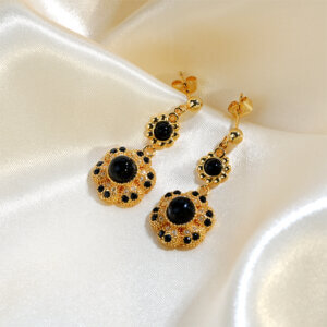 Vintage Luxury Floral Dangle Earrings with Black Onyx and CZ Stones