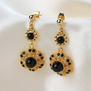 Vintage Luxury Floral Dangle Earrings with Black Onyx and CZ Stones