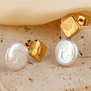 18K Gold Plated Stainless Steel Earrings with Baroque & Freshwater Pearls