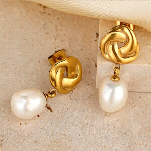 18K Gold Plated Stainless Steel Earrings with Baroque & Freshwater Pearls