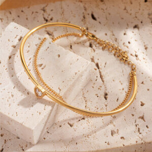 Gold Plated Double Layer Bracelet with CZ Stone Charms