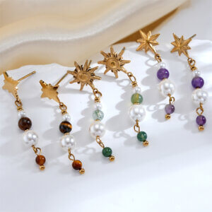 Handmade Gold Plated Dangle Earrings with Pearls & Natural Stones