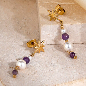 Handmade Gold Plated Dangle Earrings with Pearls & Natural Stones