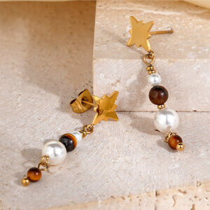 Handmade Gold Plated Dangle Earrings with Pearls & Natural Stones