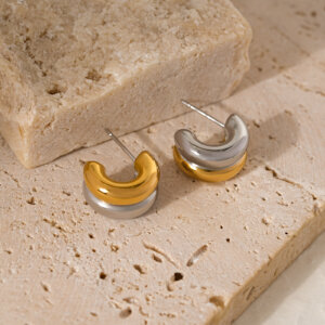 Contemporary Two Tone Gold and Silver Hoop Earrings in Stainless Steel