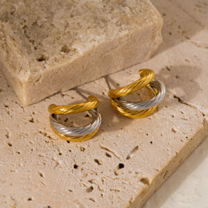 Contemporary Two Tone Gold and Silver Hoop Earrings in Stainless Steel