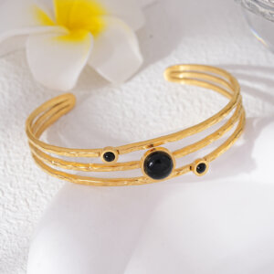 Justop Fashion Jewelry | Elegant Gold Plated Stainless Steel Layered Cuff Bracelet with Black Onyx