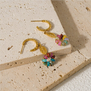 Bohemian Style Earrings with Colorful Natural Stone Floral Hoop Design