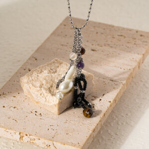 Stainless Steel Long Necklace with Natural Stones and Pearls
