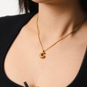 Gold Plated Stainless Steel Bubble Initial Pendant Necklace with Box Chain
