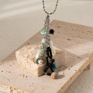 Stainless Steel Long Necklace with Natural Stones and Pearls