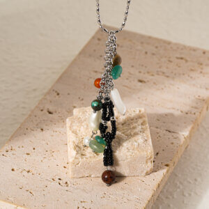 Stainless Steel Long Necklace with Natural Stones and Pearls