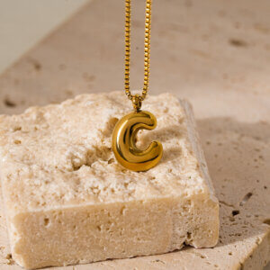 Gold Plated Stainless Steel Bubble Initial Pendant Necklace with Box Chain