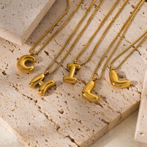Gold Plated Stainless Steel Bubble Initial Pendant Necklace with Box Chain