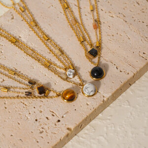 Stylish Triple Layer Necklace with Natural Stone Accents