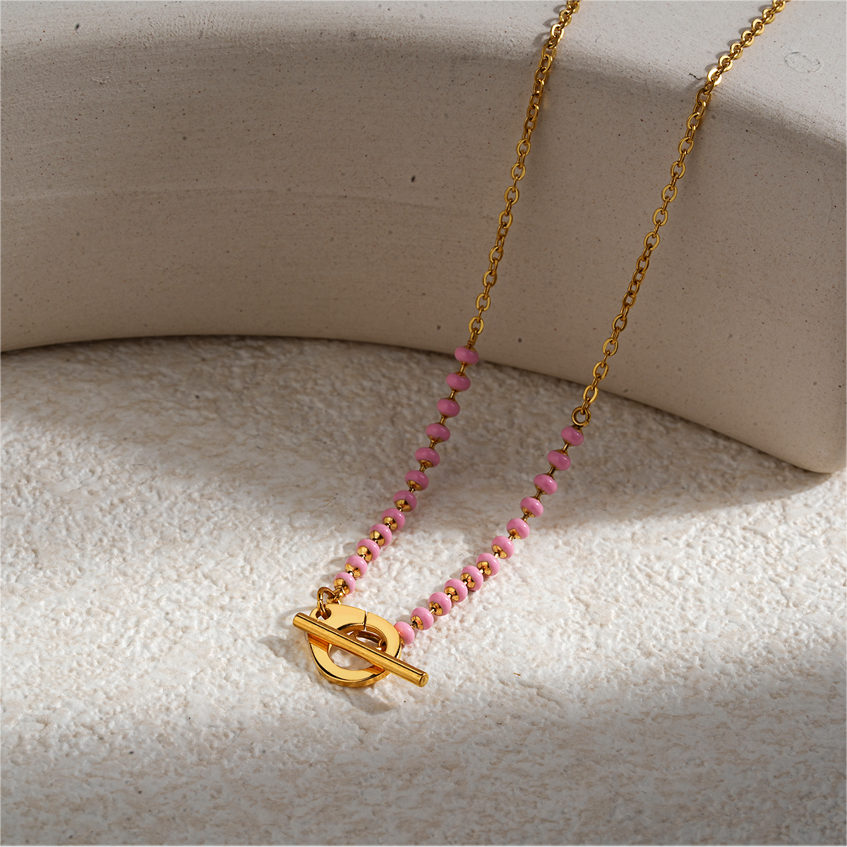 18K Gold Plated Stainless Steel Enamel Bead Necklace with OT Buckle