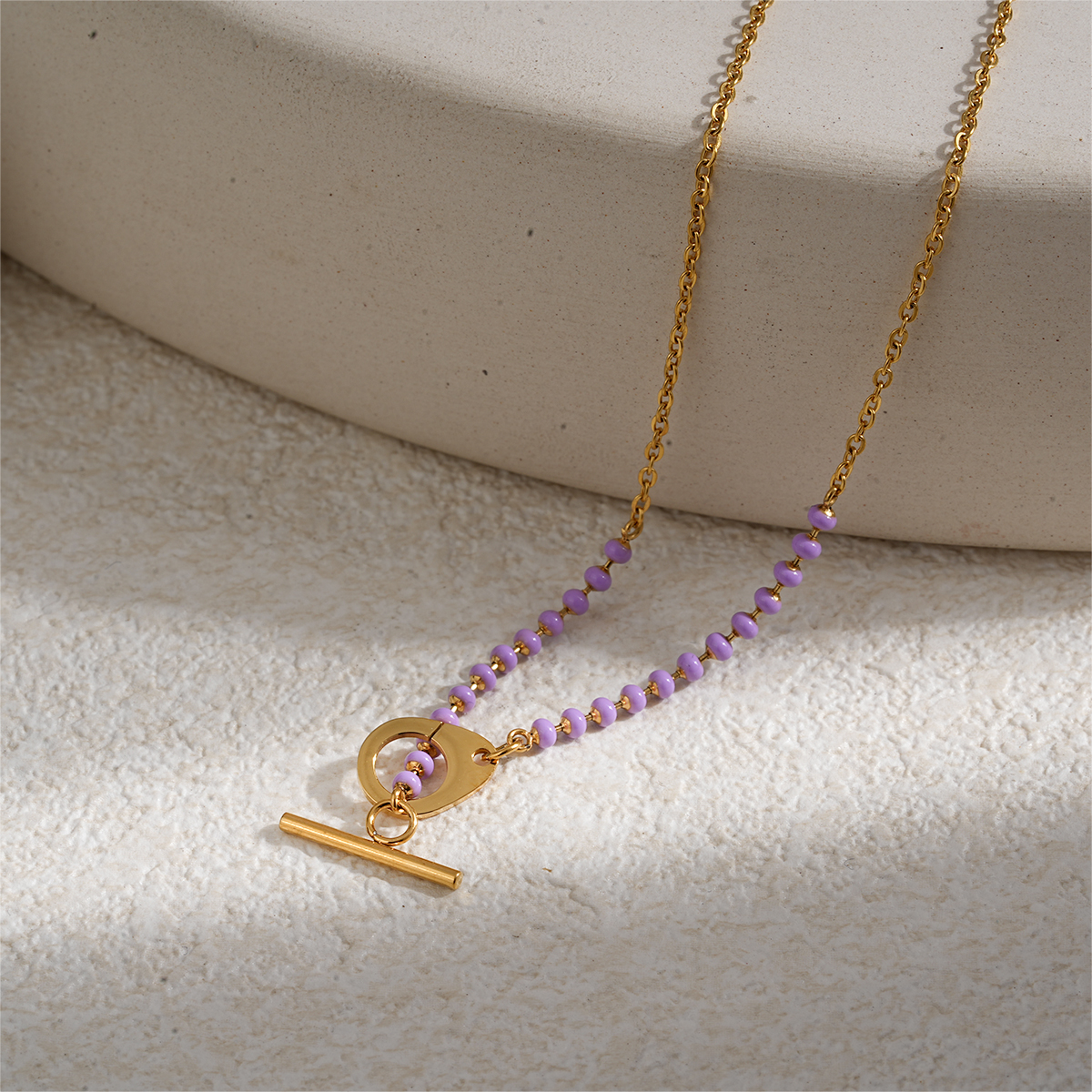 18K Gold Plated Stainless Steel Enamel Bead Necklace with OT Buckle