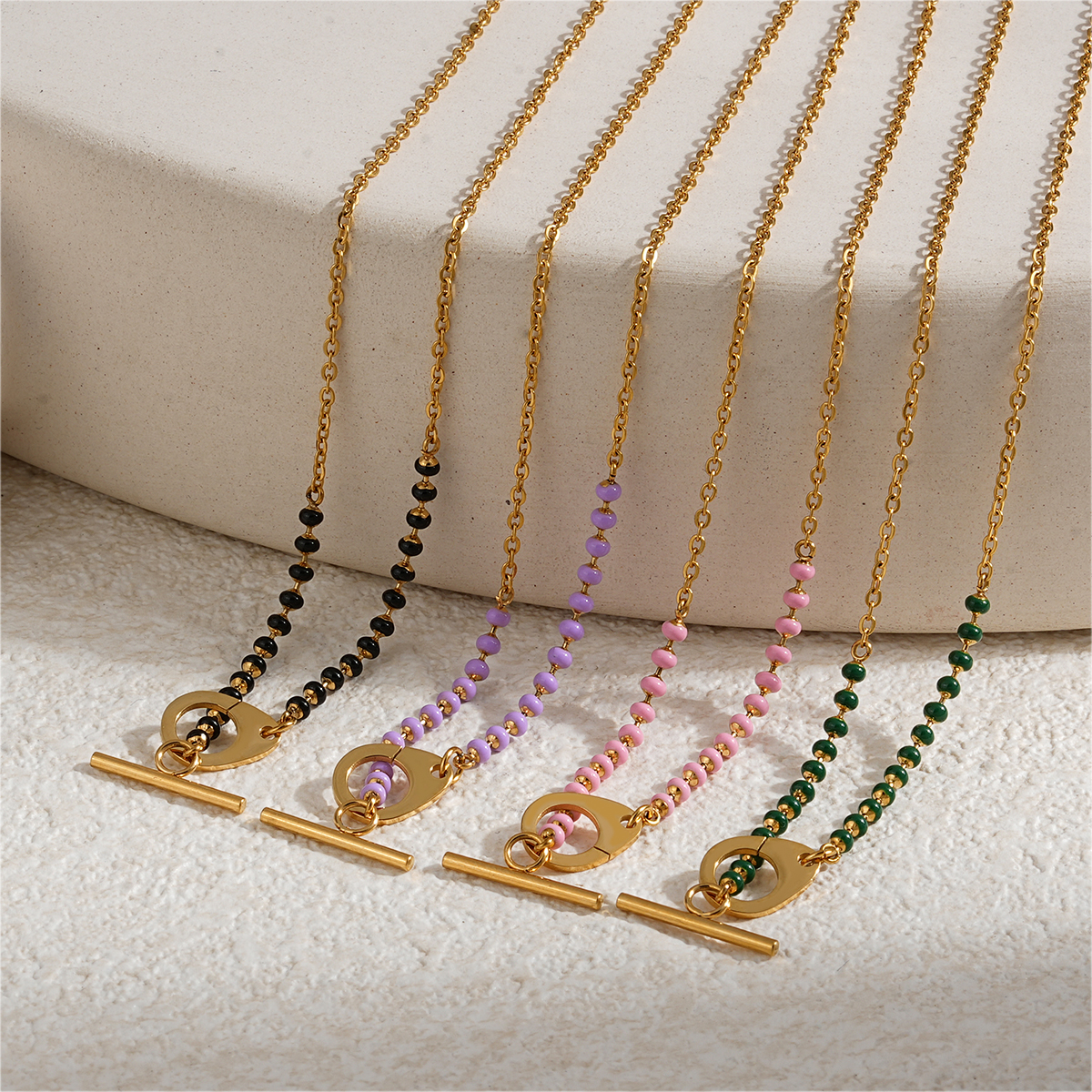 18K Gold Plated Stainless Steel Enamel Bead Necklace with OT Buckle