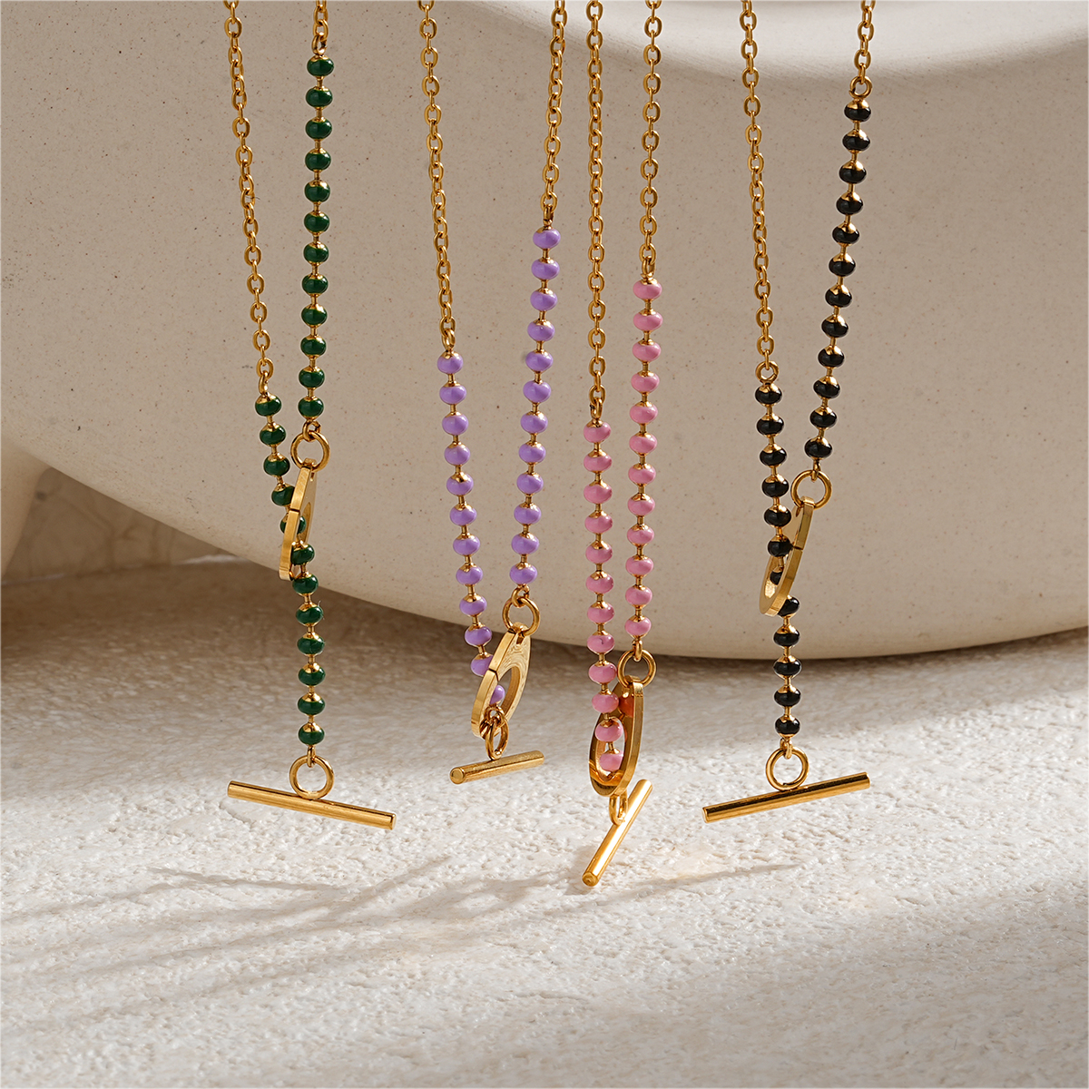 18K Gold Plated Stainless Steel Enamel Bead Necklace with OT Buckle